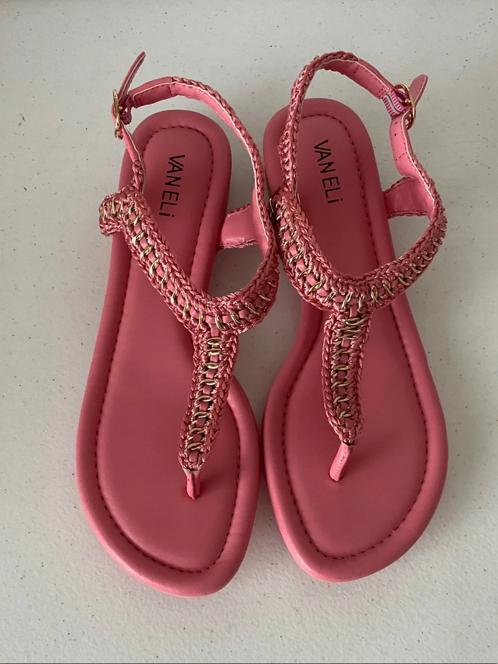 Vaneli Pink Nappa Leather Braided T-Strap Sandals with Gold Accents